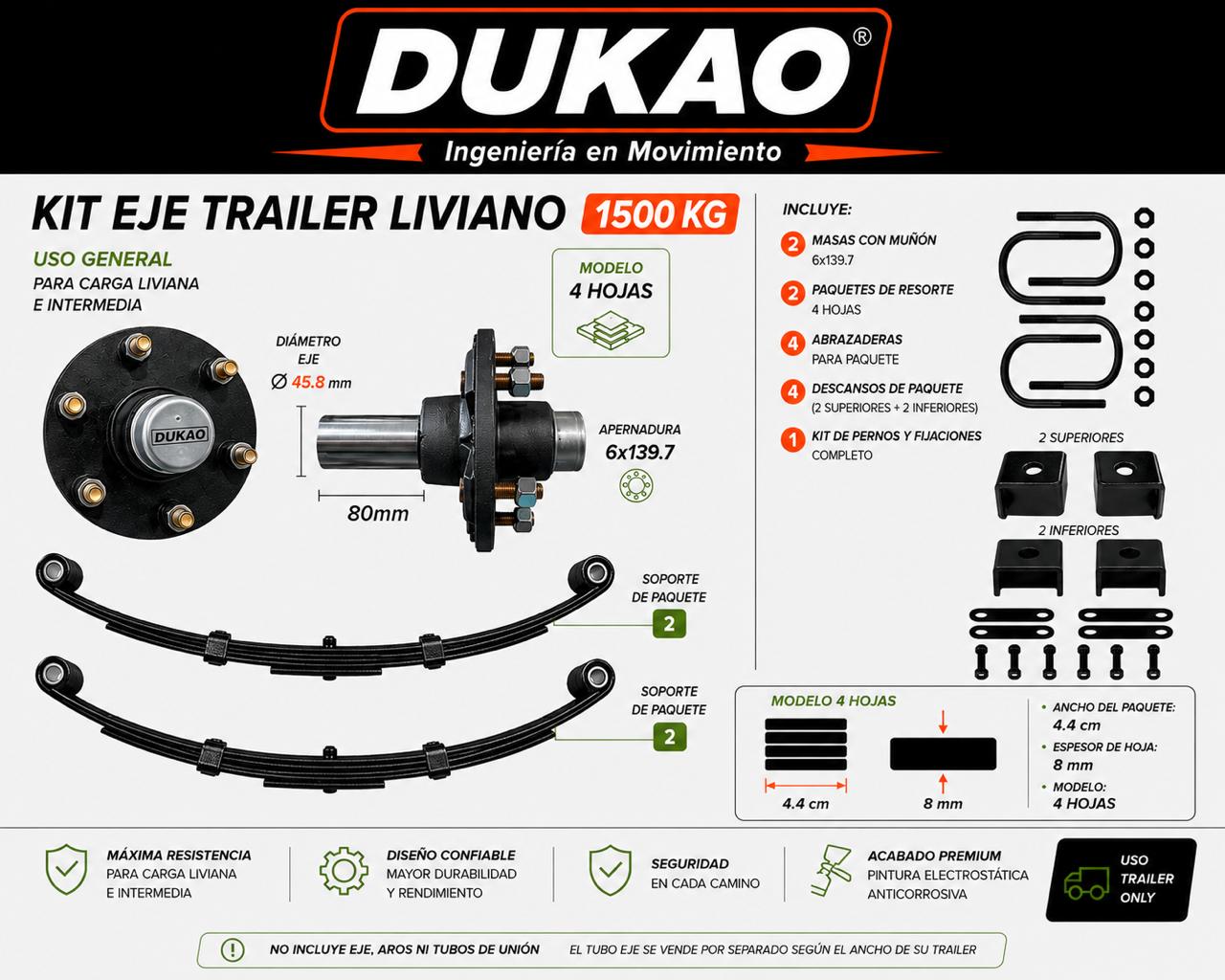 KIT EJE TRAILER LIVIANO 1500 KG DUKAO