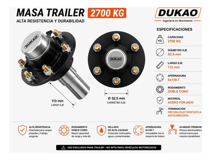 Masa Para Carro De Arrastre Par 2700kg 6x139.7 Dukao